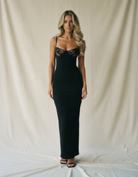 Celestielle Sculpted Lace Evening Maxi Dress