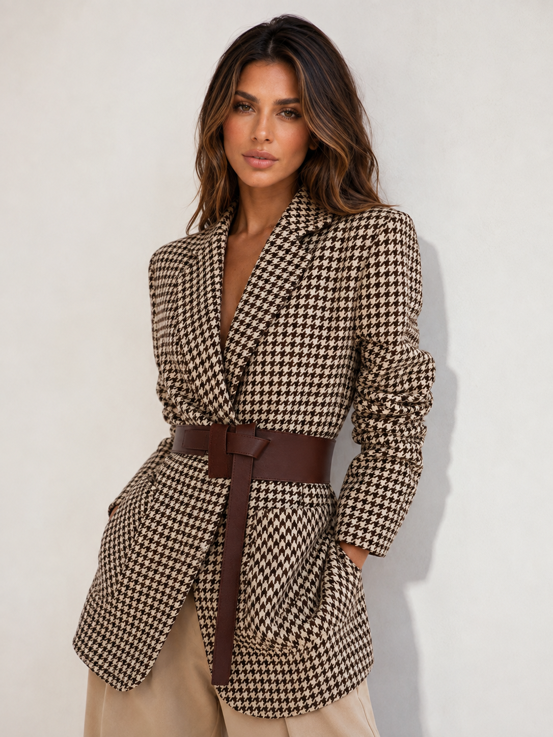 Celine Belted Houndstooth Tailored Blazer