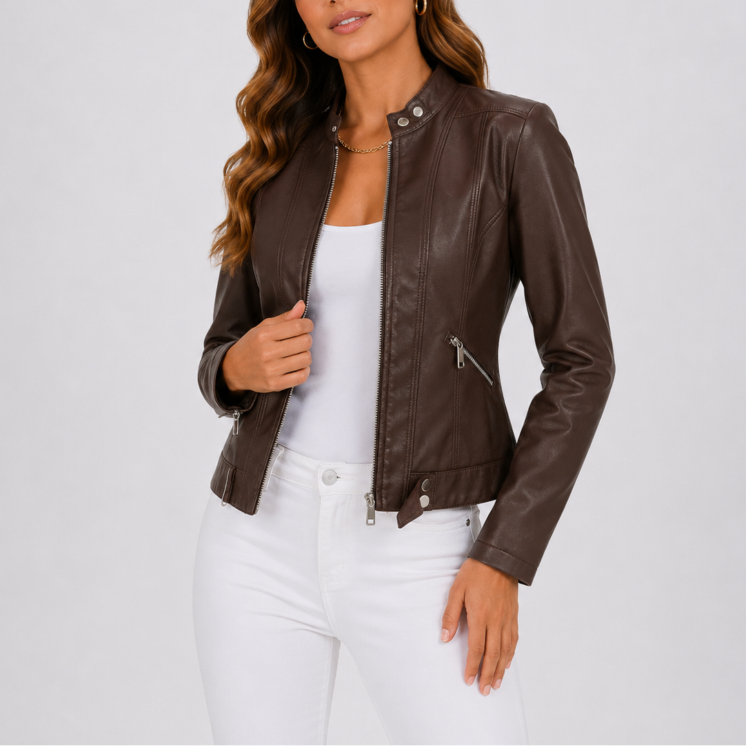 Claire Fitted Snap-Collar Faux Leather Jacket