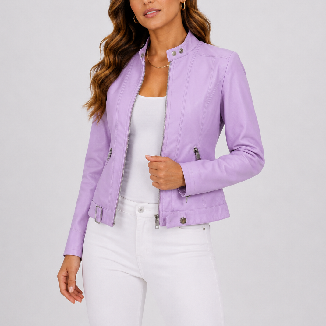 Claire Fitted Snap-Collar Faux Leather Jacket