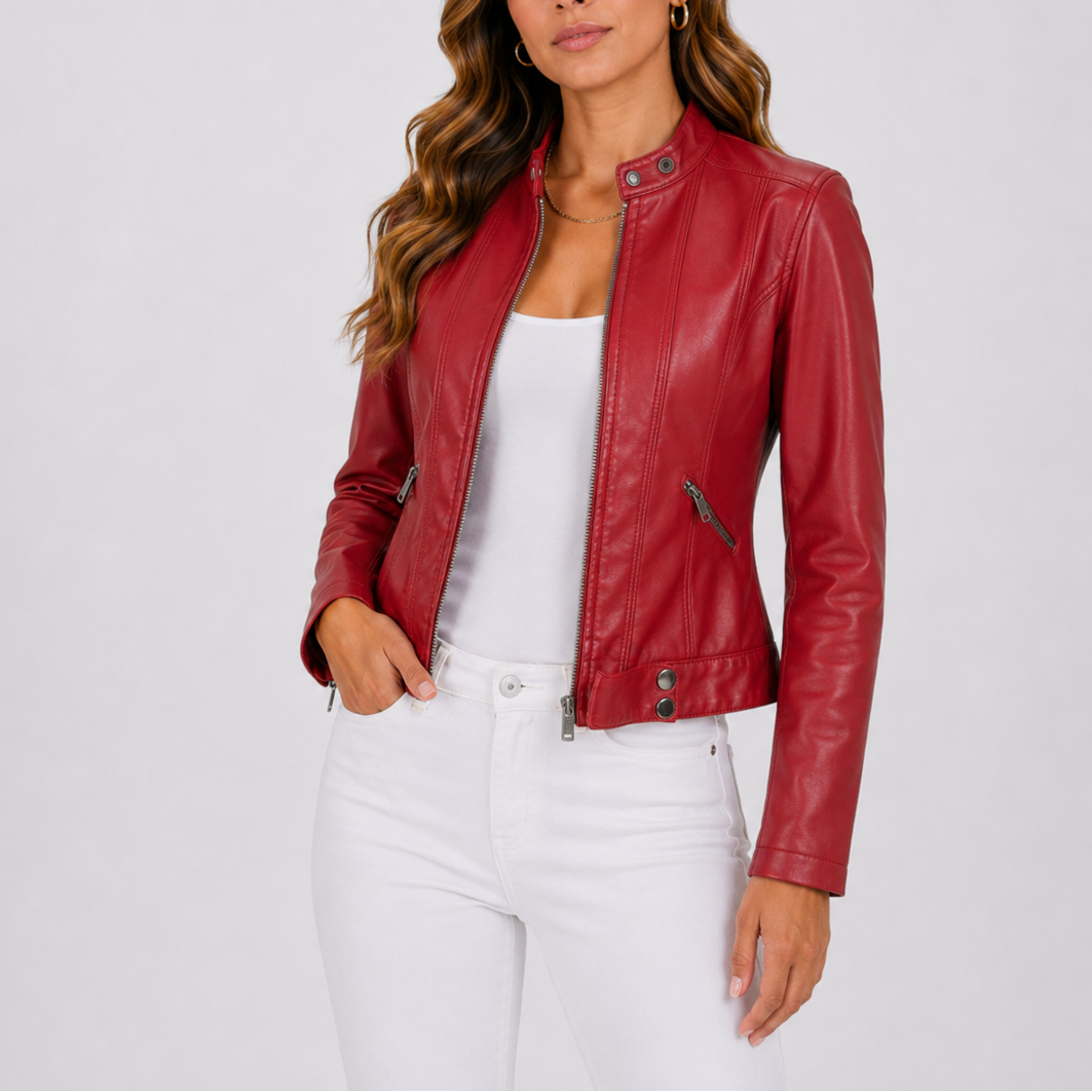 Claire Fitted Snap-Collar Faux Leather Jacket