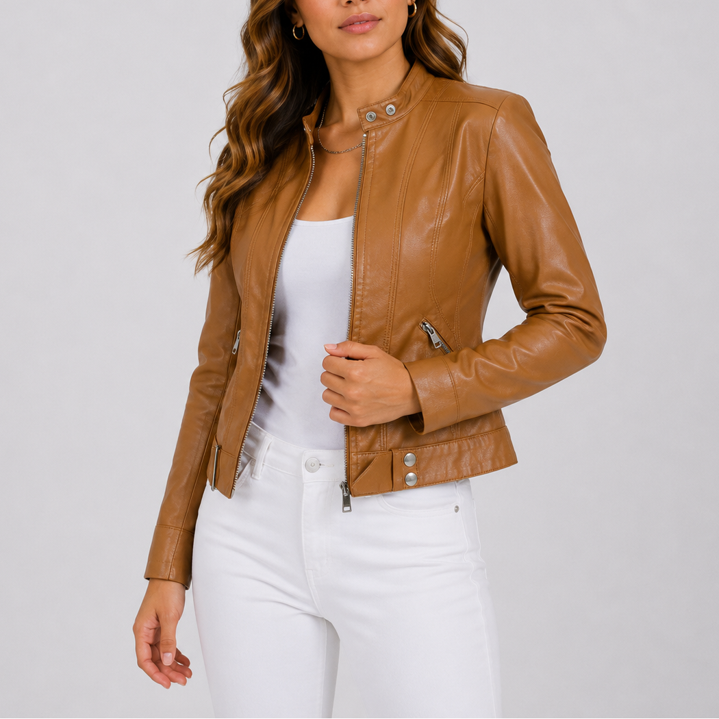 Claire Fitted Snap-Collar Faux Leather Jacket
