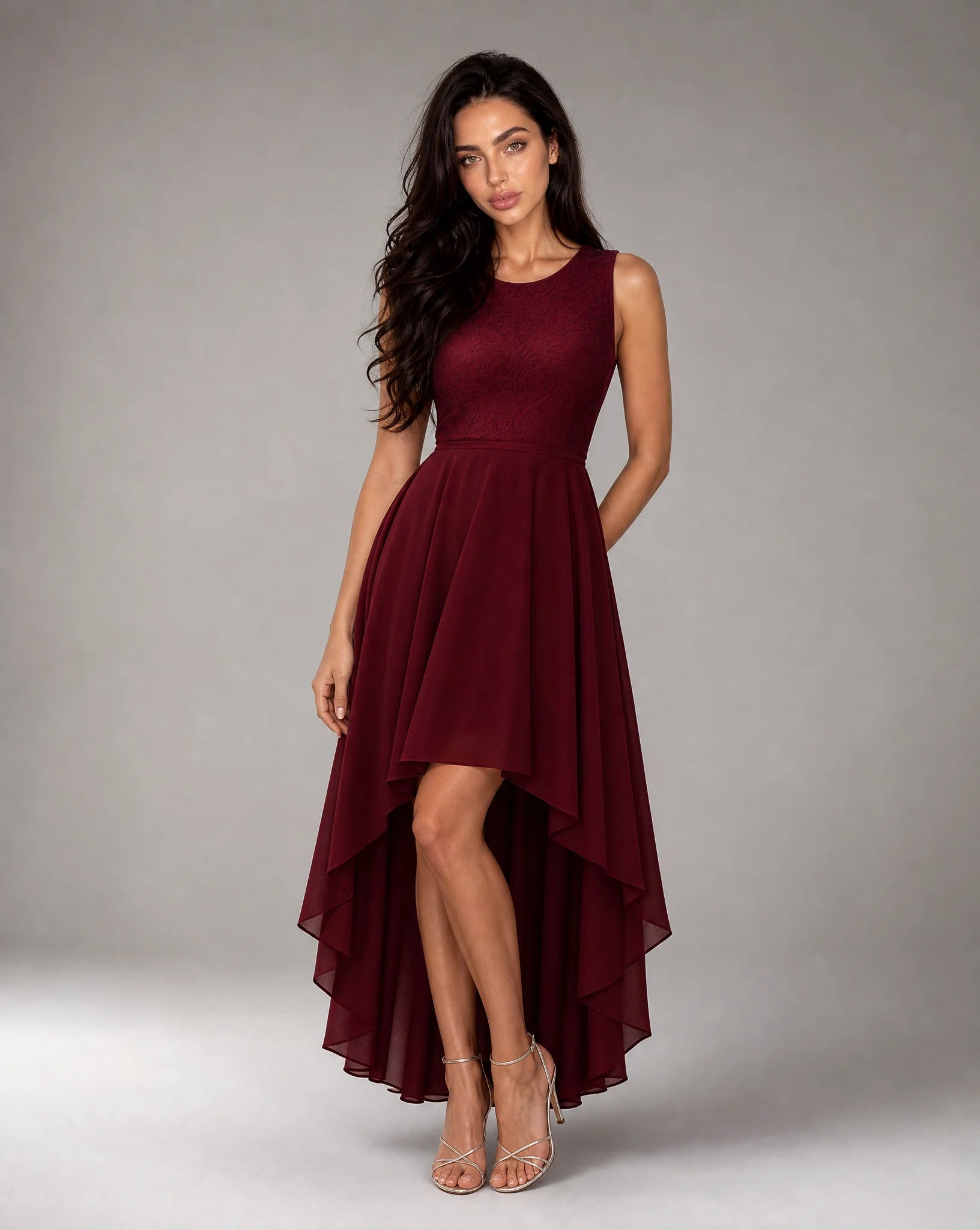Clara Lace-Bodice High-Low Chiffon Dress
