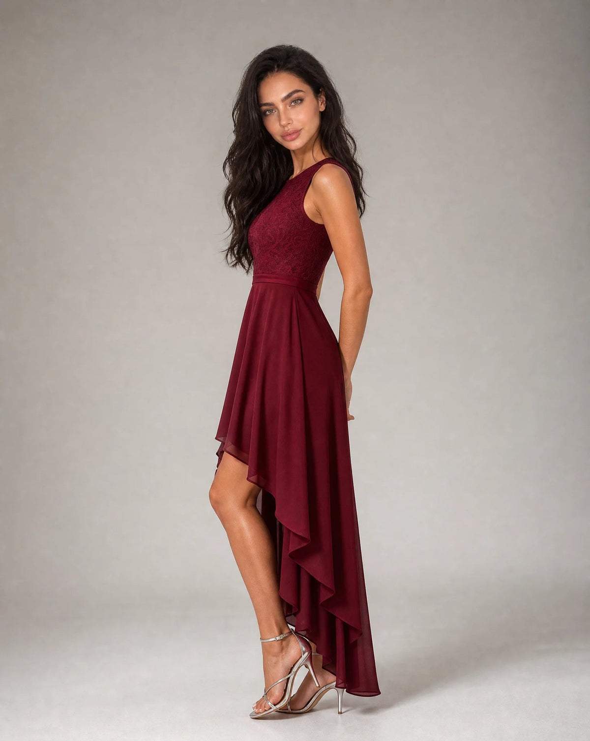 Clara Lace-Bodice High-Low Chiffon Dress