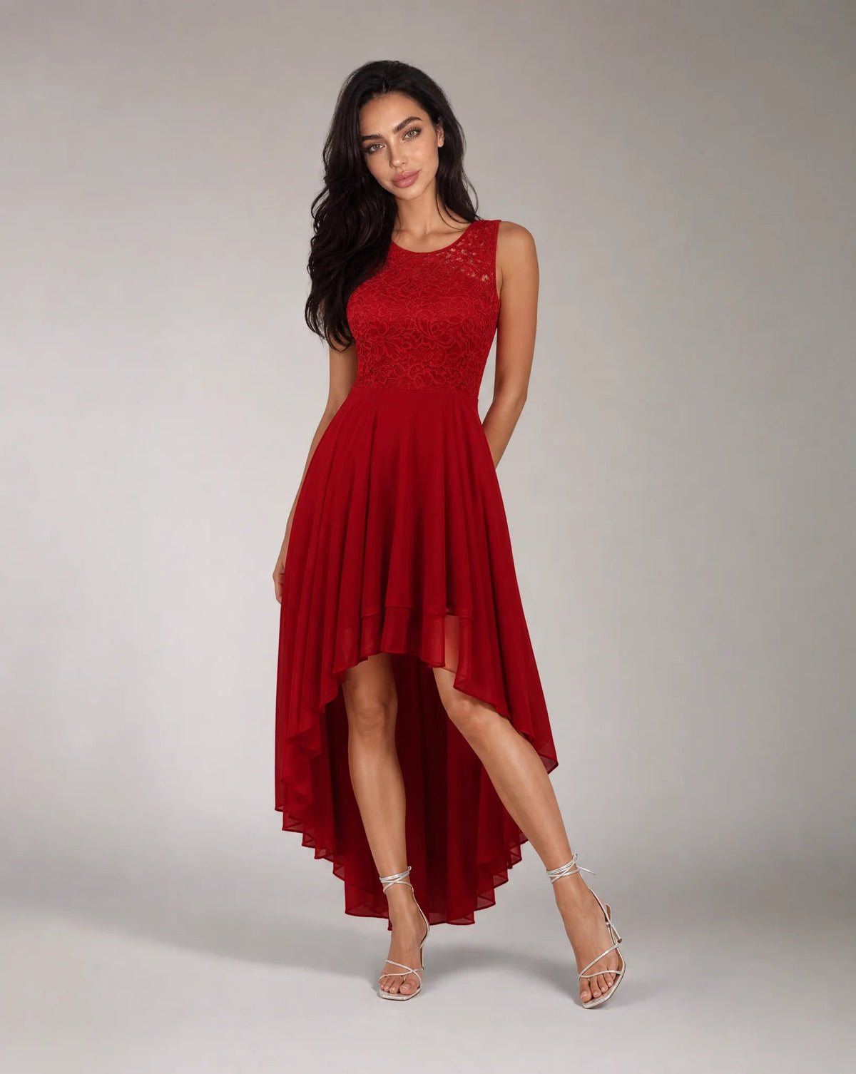 Clara Lace-Bodice High-Low Chiffon Dress