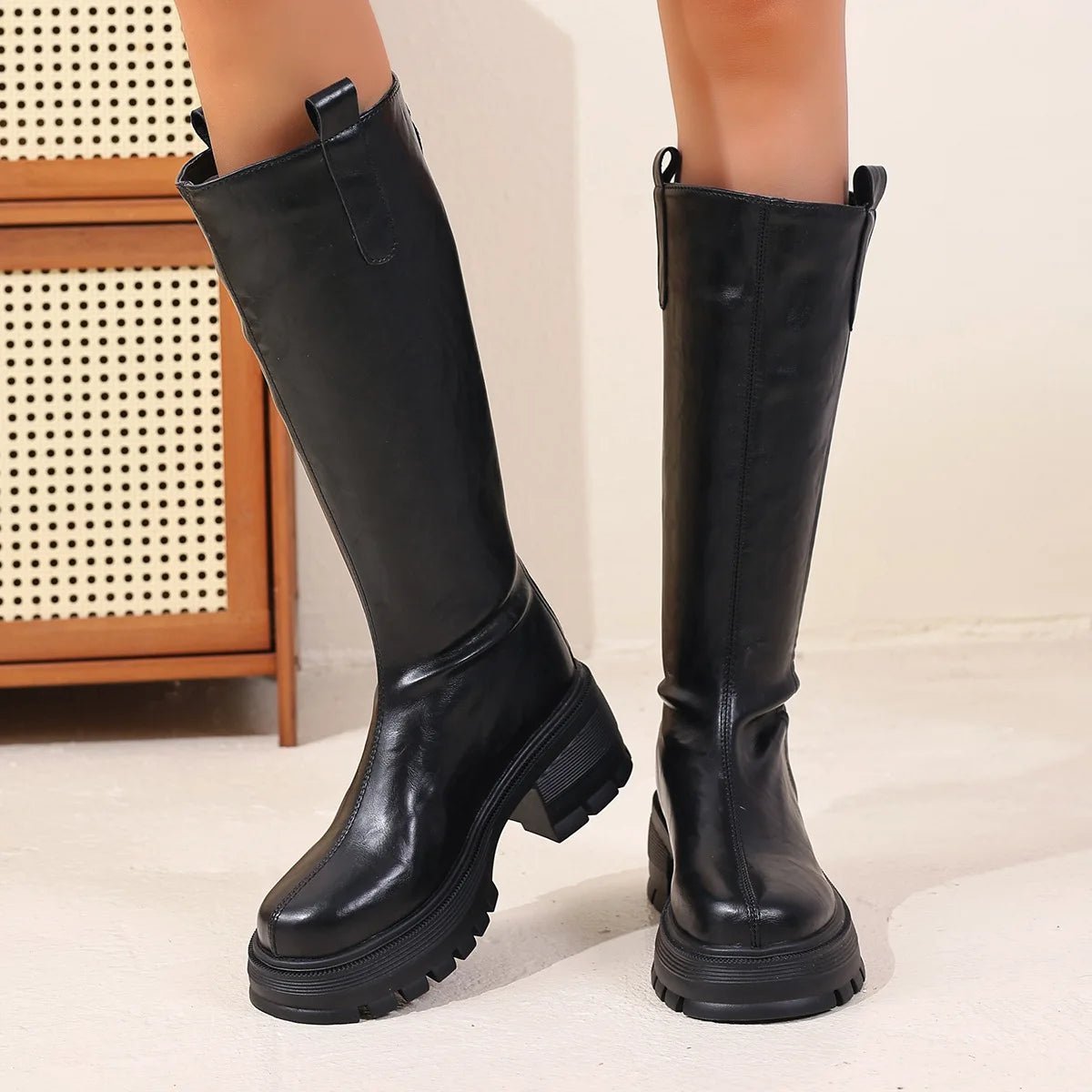 Clara Lug-Sole Knee-High Faux Leather Boots