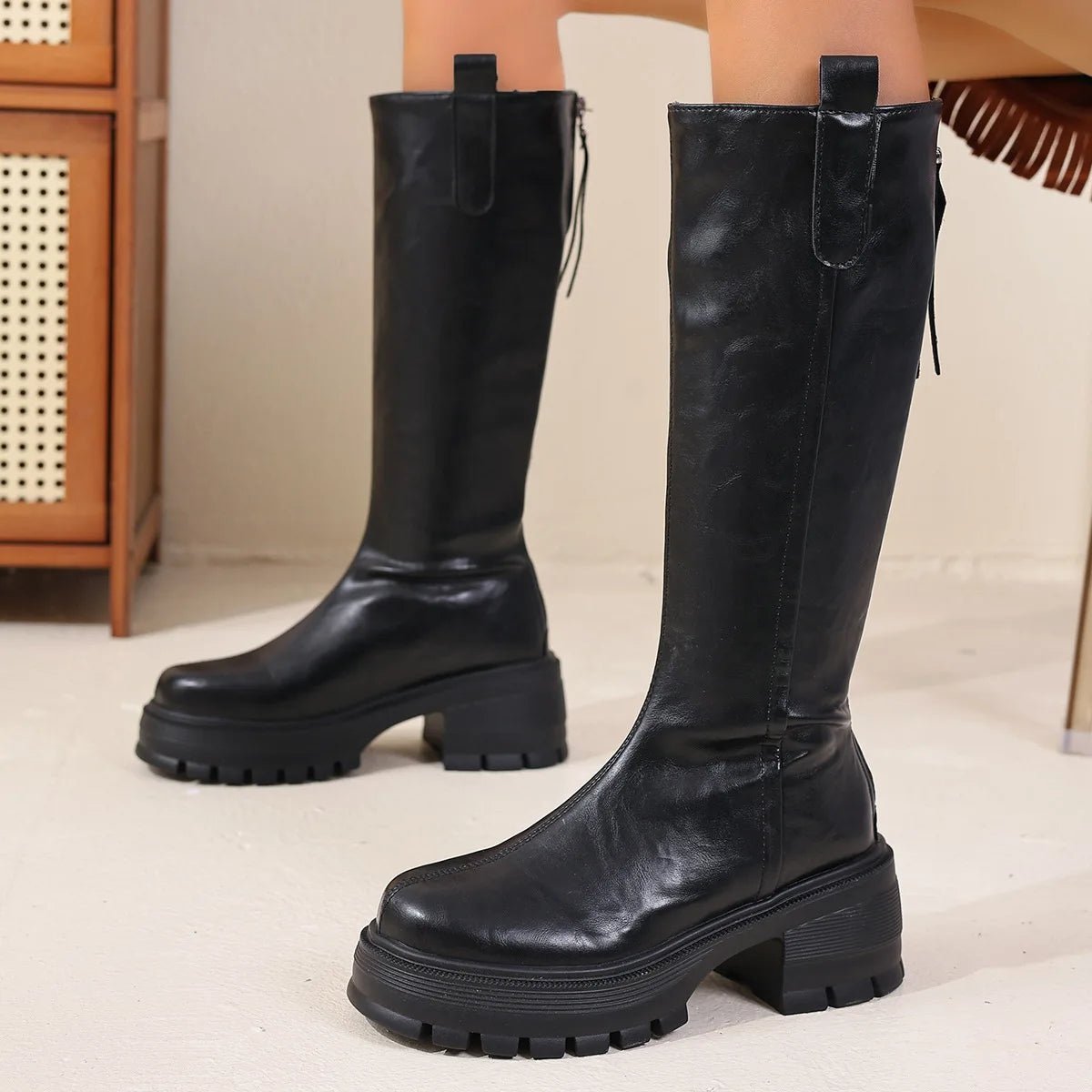 Clara Lug-Sole Knee-High Faux Leather Boots