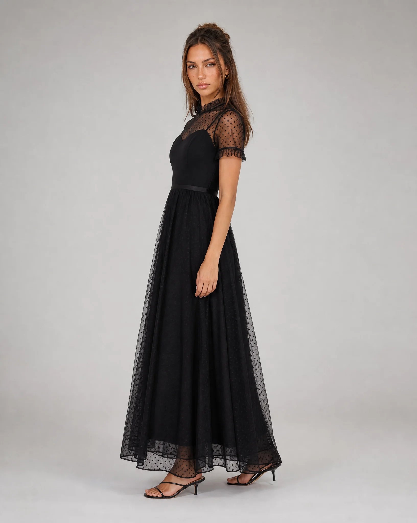 Clara Polka-Dot Tulle High-Neck Maxi Evening Dress