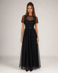 Clara Polka-Dot Tulle High-Neck Maxi Evening Dress