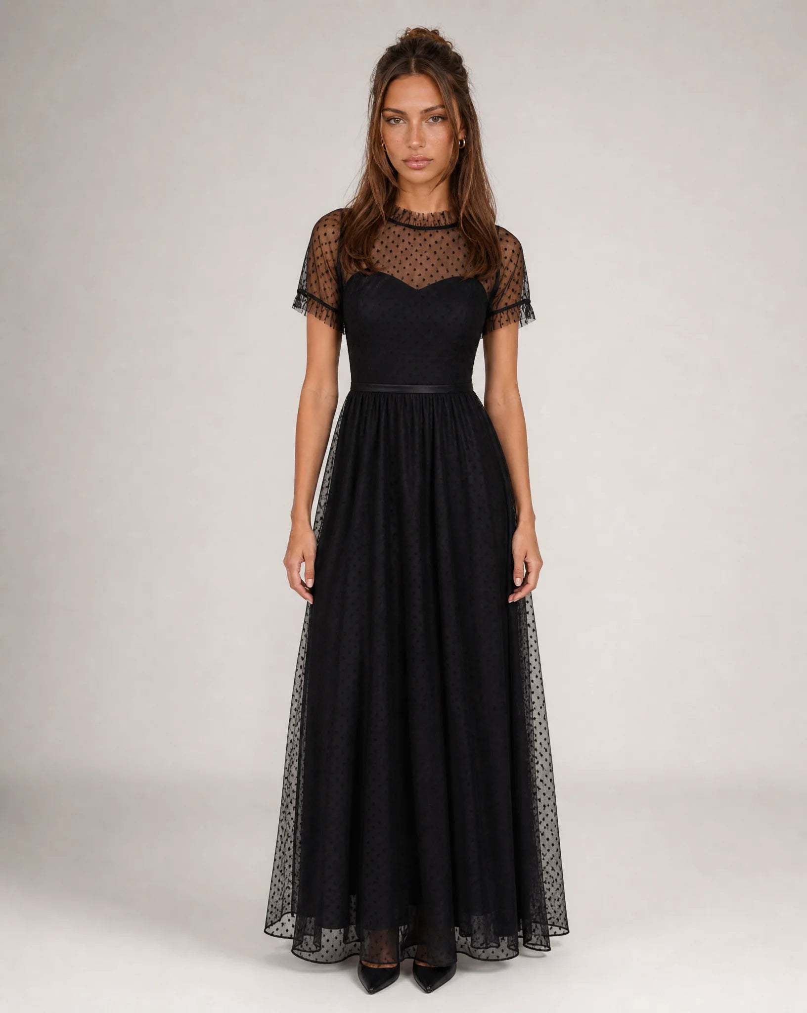 Clara Polka-Dot Tulle High-Neck Maxi Evening Dress