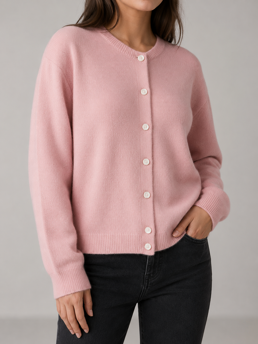 Clara Soft Crewneck Button-Front Knit Cardigan