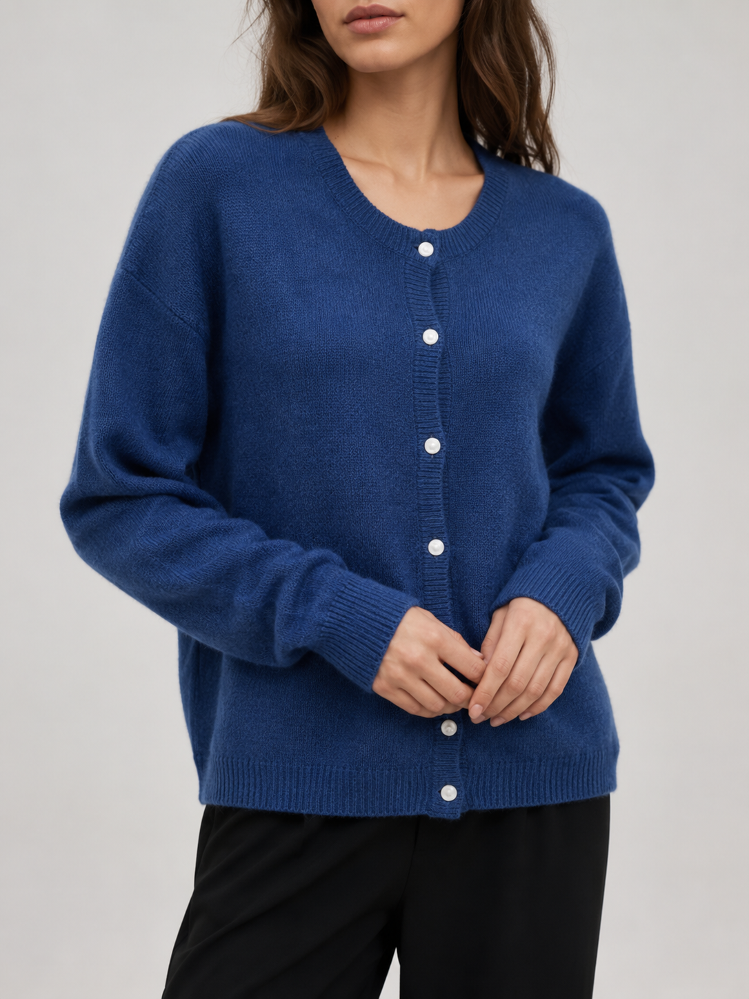Clara Soft Crewneck Button-Front Knit Cardigan