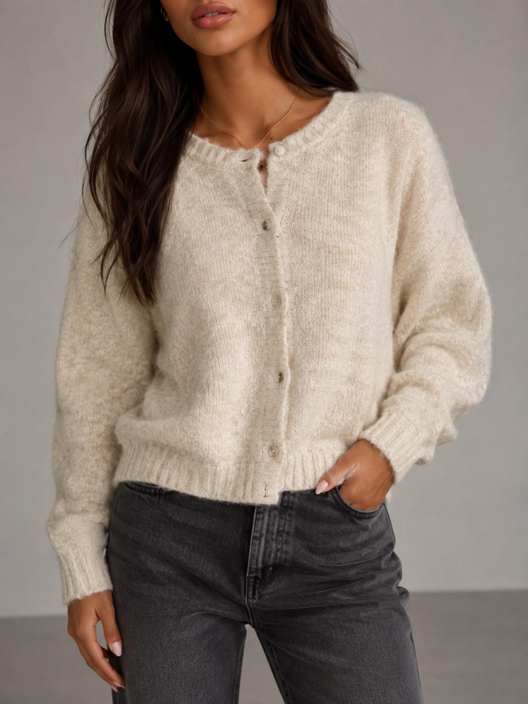 Clara Soft Crewneck Button-Front Knit Cardigan