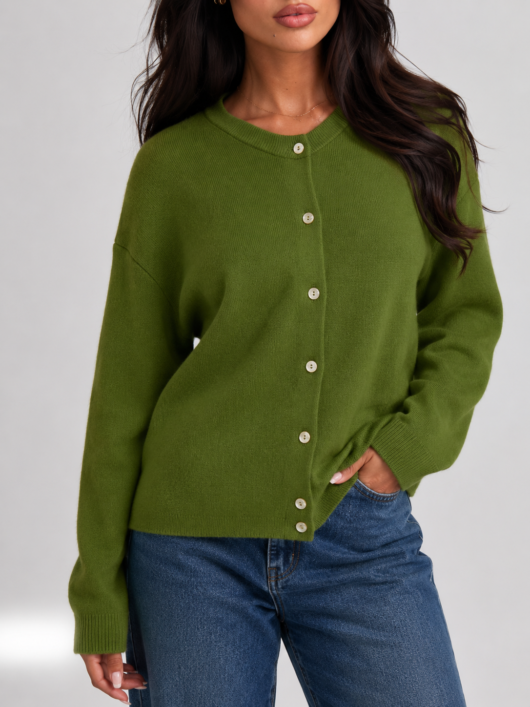 Clara Soft Crewneck Button-Front Knit Cardigan