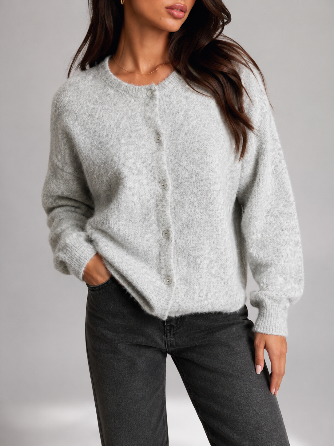Clara Soft Crewneck Button-Front Knit Cardigan