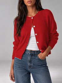 Clara Soft Crewneck Button-Front Knit Cardigan