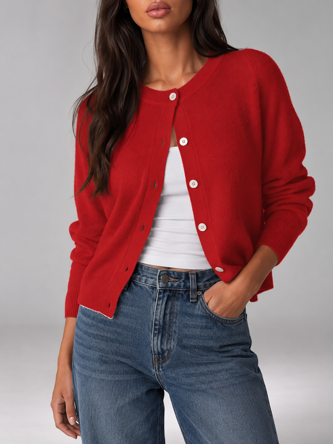 Clara Soft Crewneck Button-Front Knit Cardigan