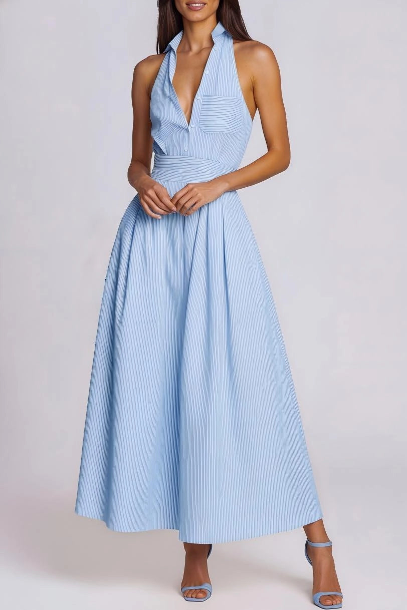 Cressida Striped Halter-Neck Collared Maxi Dress