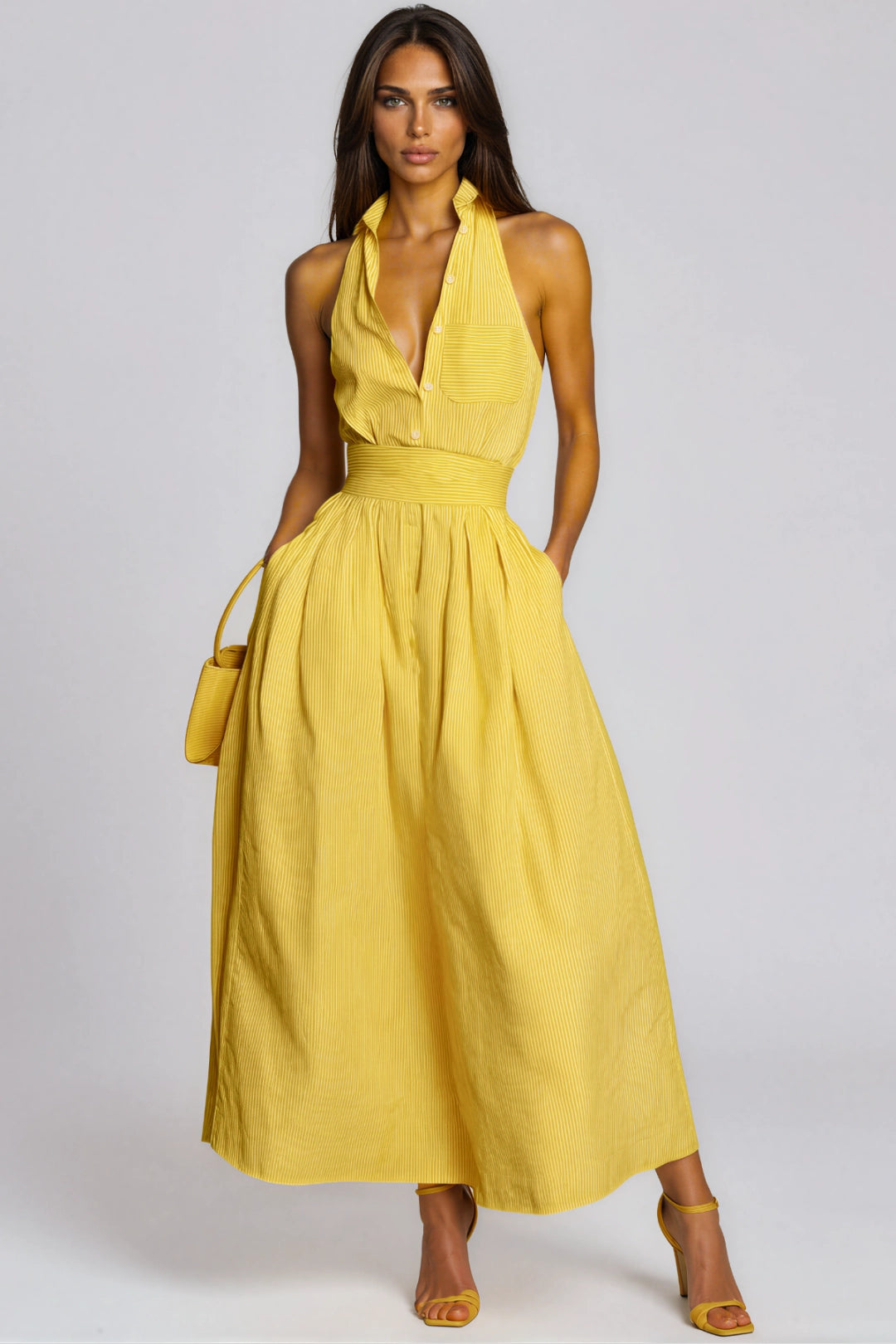 Cressida Striped Halter-Neck Collared Maxi Dress