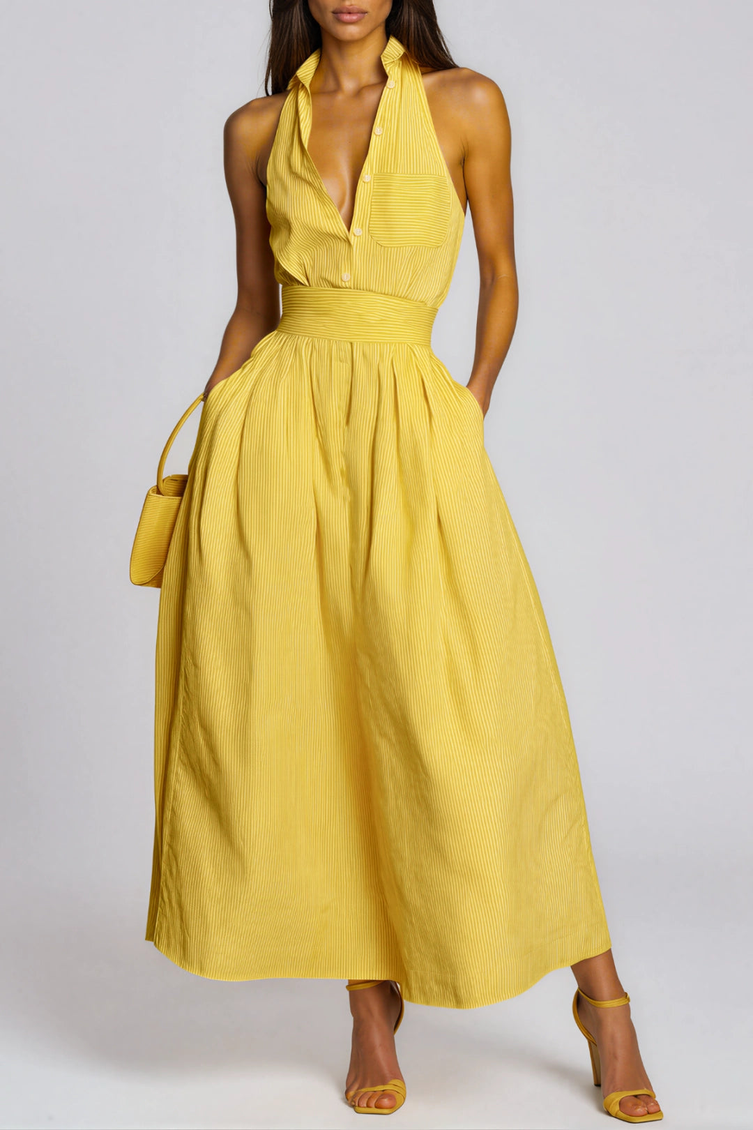 Cressida Striped Halter-Neck Collared Maxi Dress