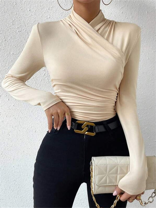 Cross-Over Collar Pleated Cinched T-Shirt 0