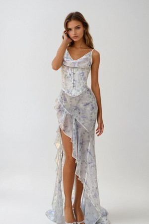 Elara Floral Corset Ruffle Maxi Dress