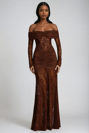 Arlisse Strapless Ruched Lace Maxi Dress