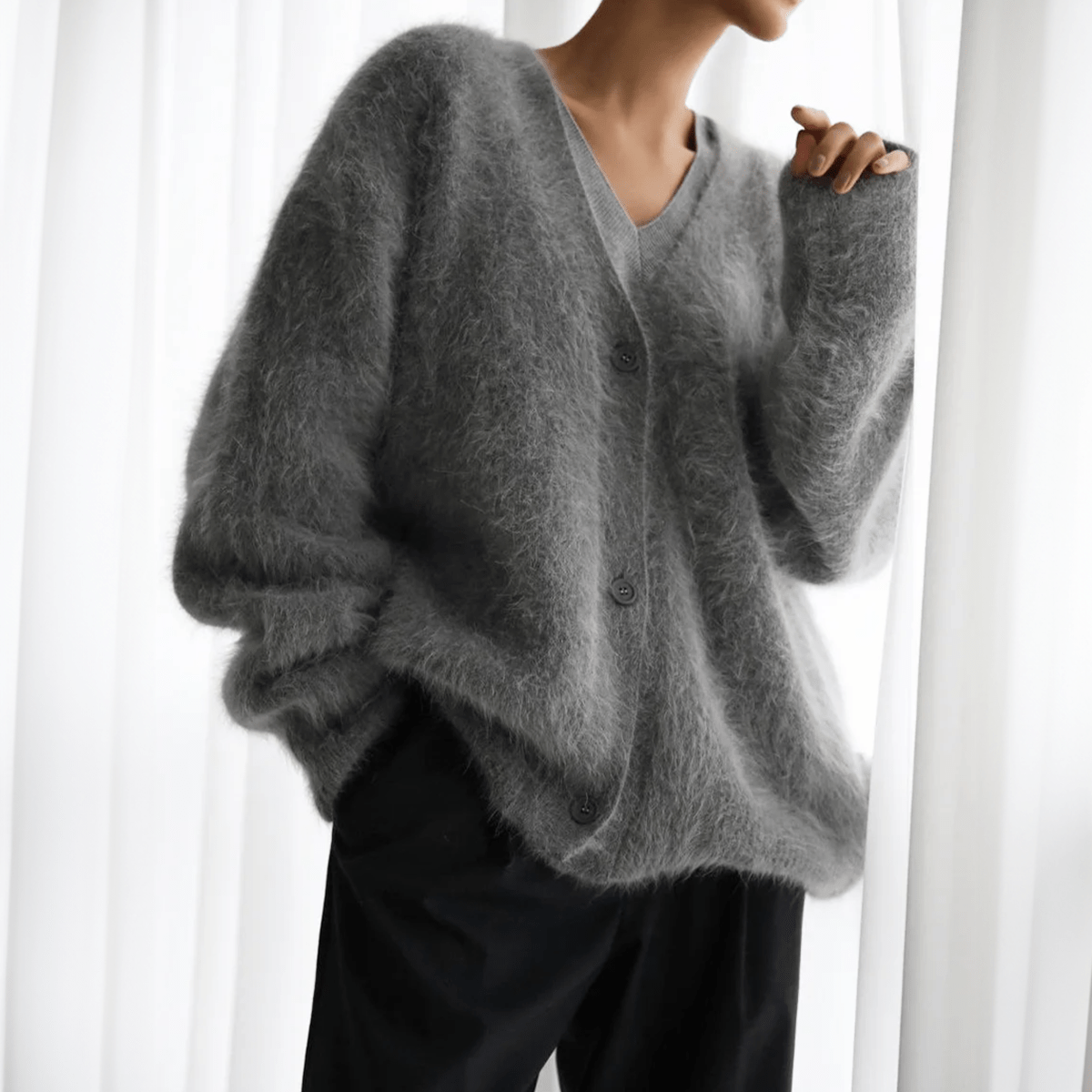 Elara Oversized Cozy Fluffy V-Neck Knit Cardigan