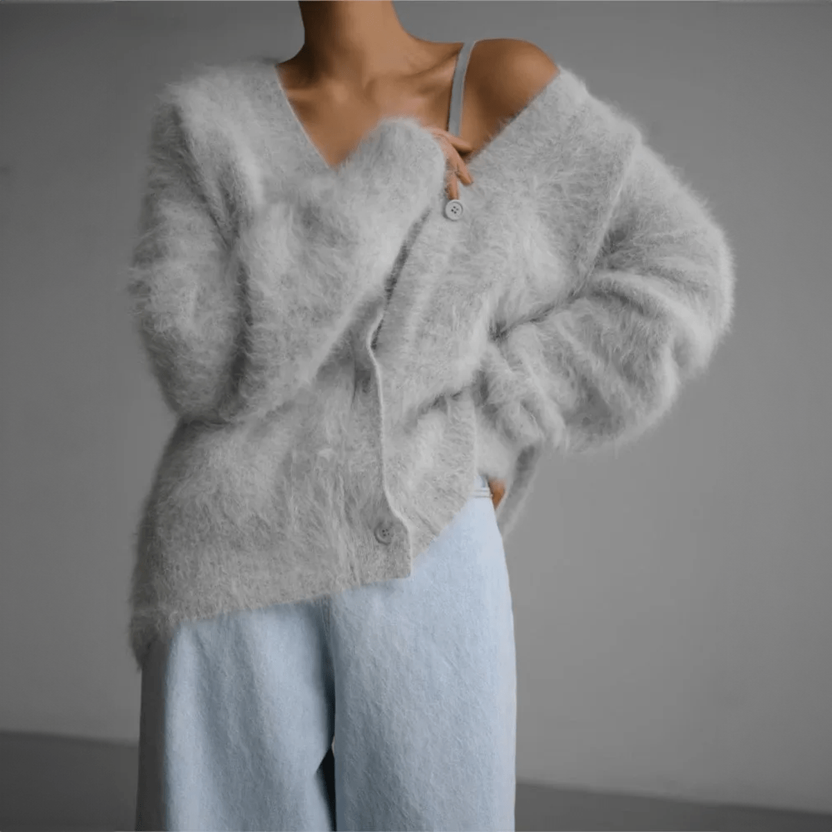 Elara Oversized Cozy Fluffy V-Neck Knit Cardigan