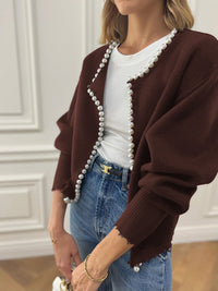 Elara Pearl-Trimmed Cropped Knit Cardigan