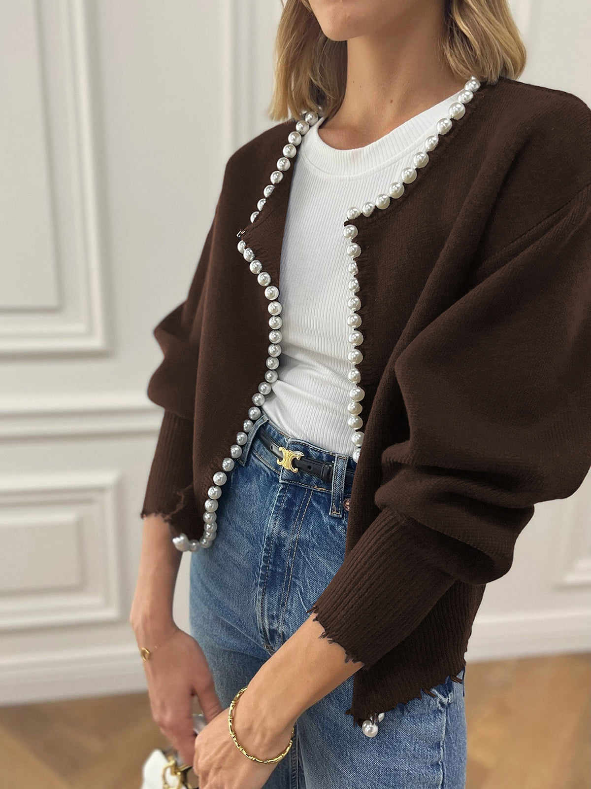 Elara Pearl-Trimmed Cropped Knit Cardigan