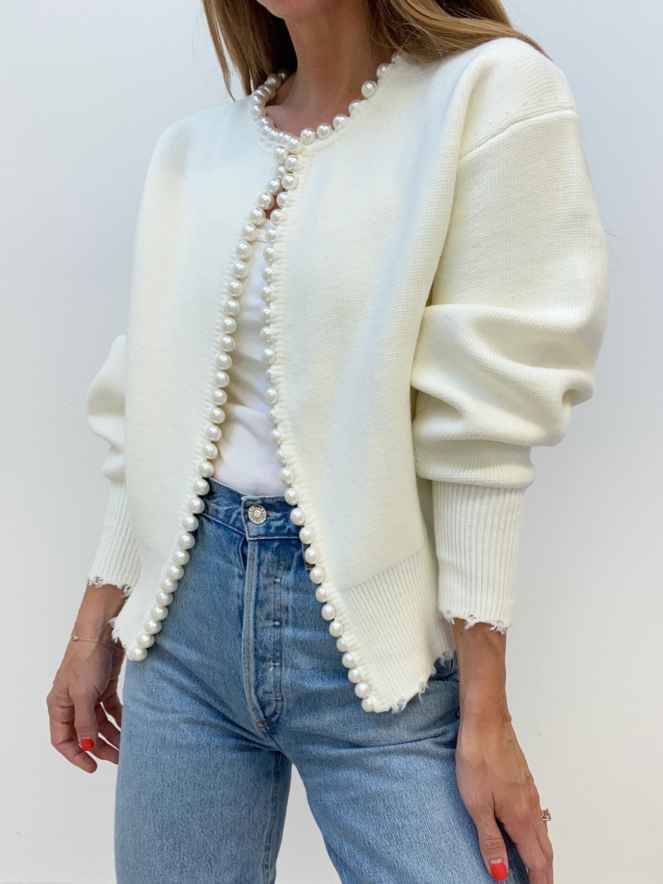 Elara Pearl-Trimmed Cropped Knit Cardigan