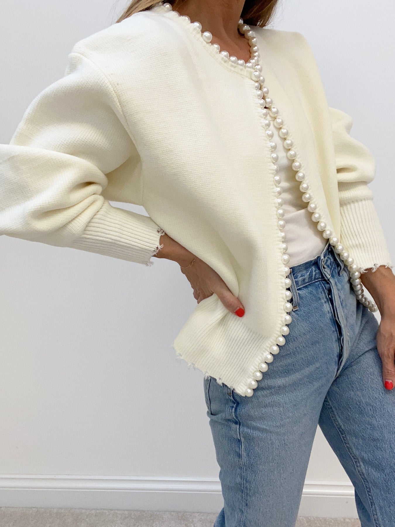 Elara Pearl-Trimmed Cropped Knit Cardigan