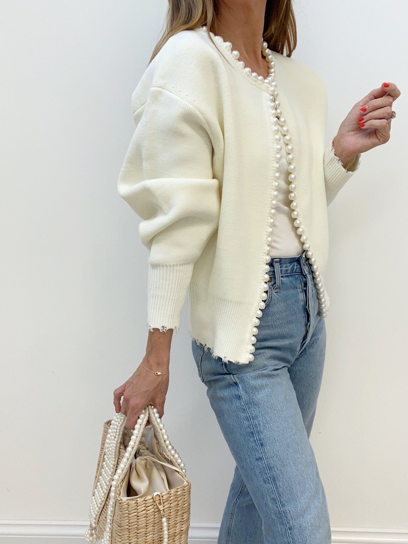 Elara Pearl-Trimmed Cropped Knit Cardigan