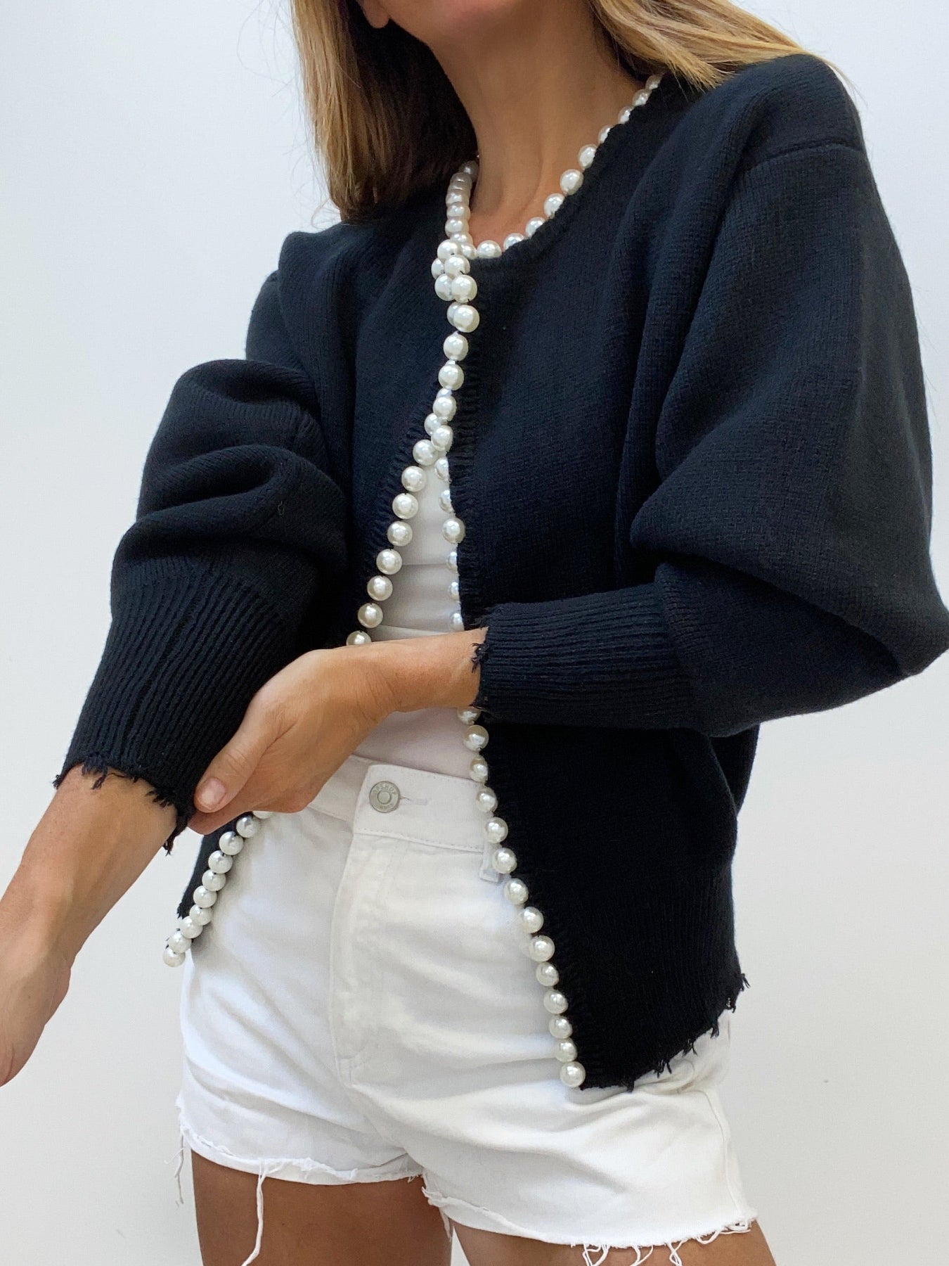 Elara Pearl-Trimmed Cropped Knit Cardigan