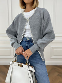 Elara Pearl-Trimmed Cropped Knit Cardigan