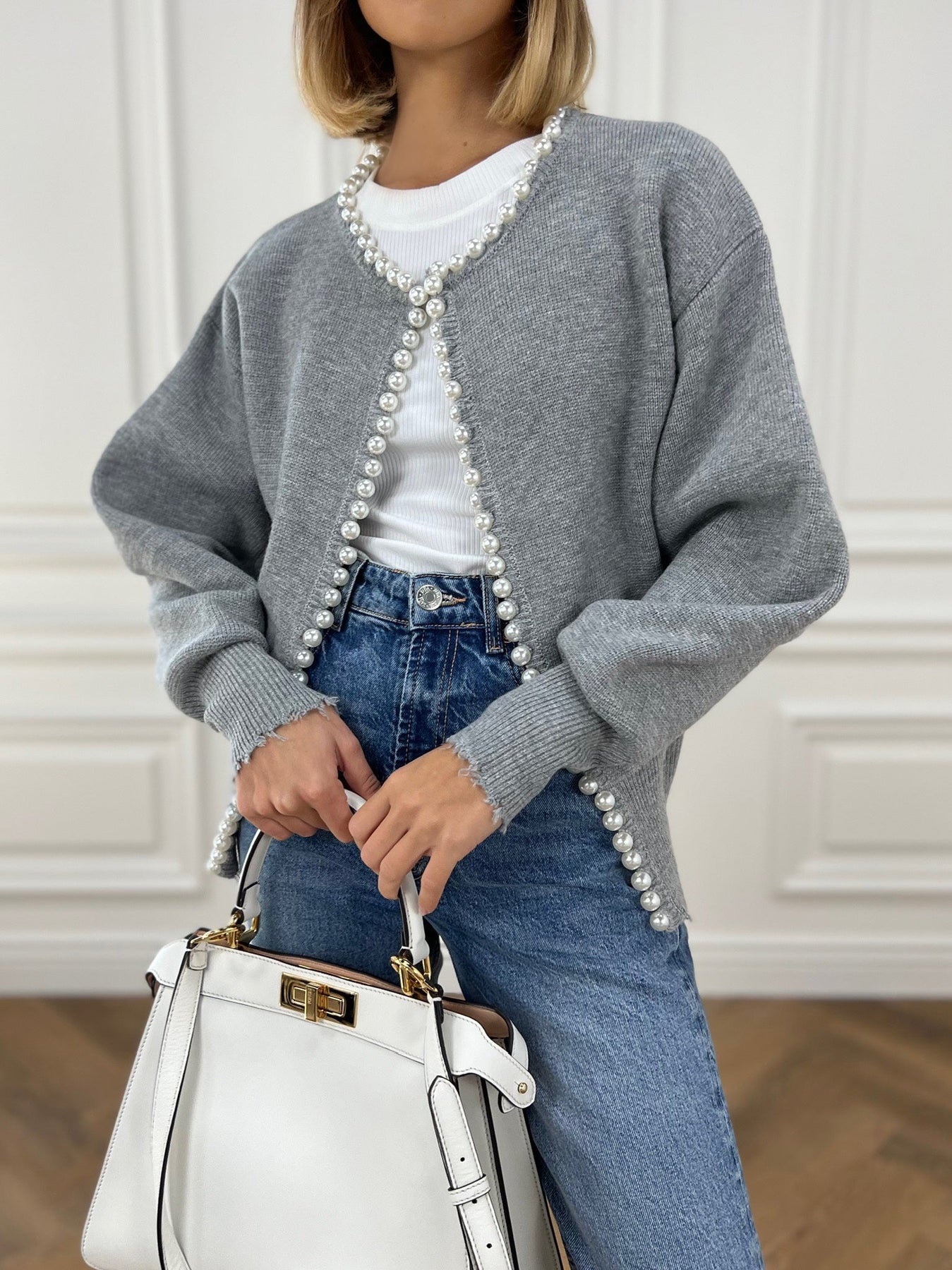 Elara Pearl-Trimmed Cropped Knit Cardigan