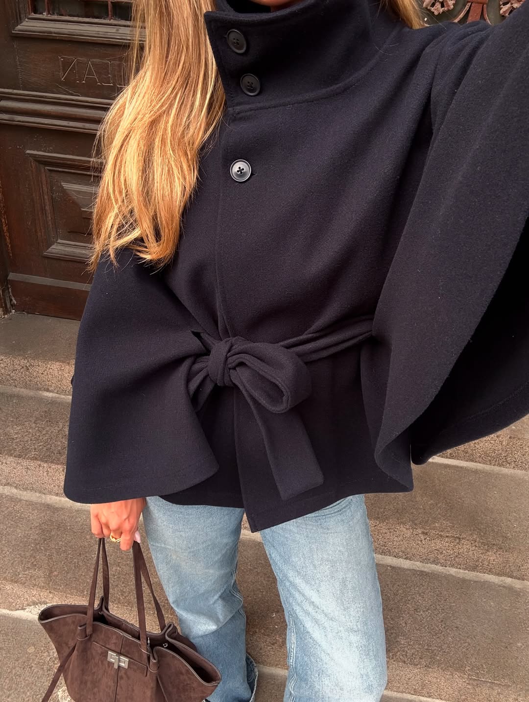 Arianne Elegant High-Neck Belted Cape Jacket 5