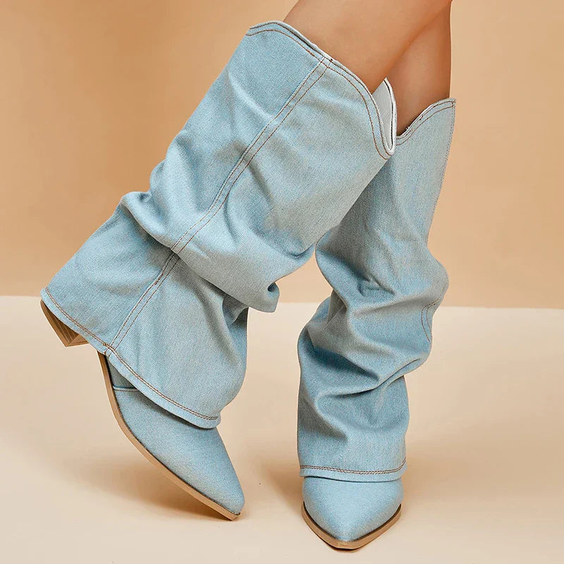 Elara Slouchy Denim Pointed-Toe Knee-High Boots