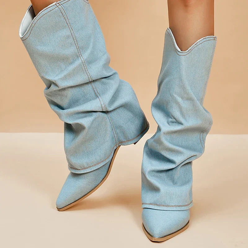 Elara Slouchy Denim Pointed-Toe Knee-High Boots