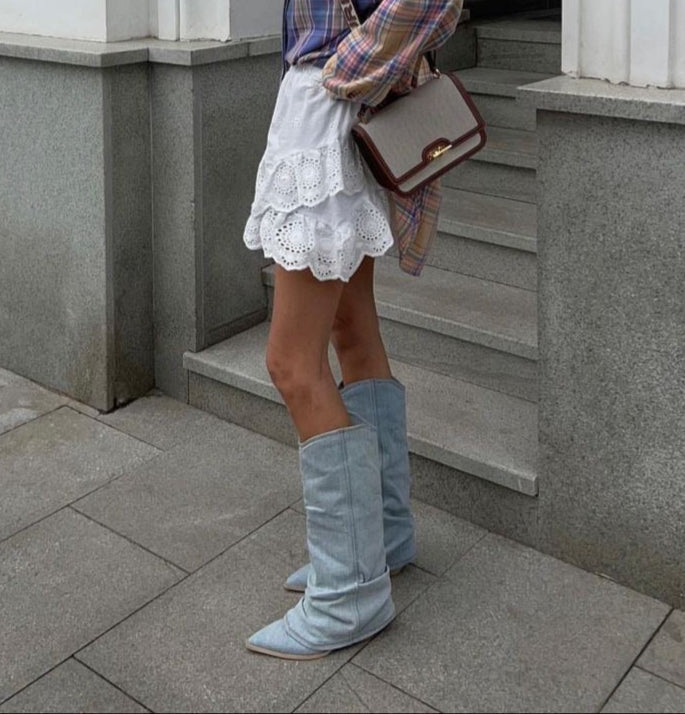 Elara Slouchy Denim Pointed-Toe Knee-High Boots