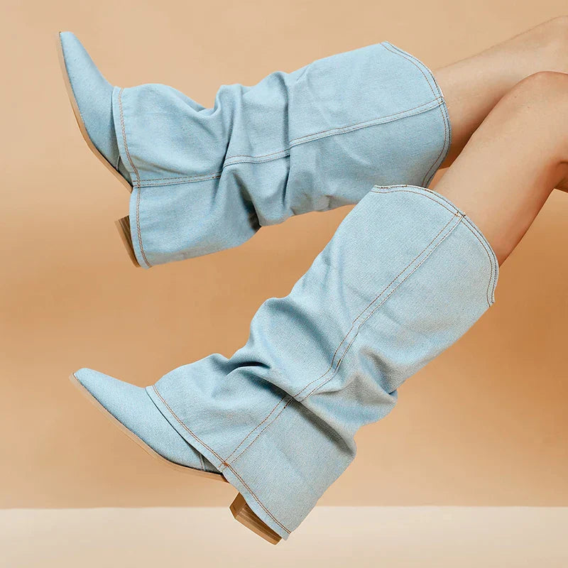 Elara Slouchy Denim Pointed-Toe Knee-High Boots