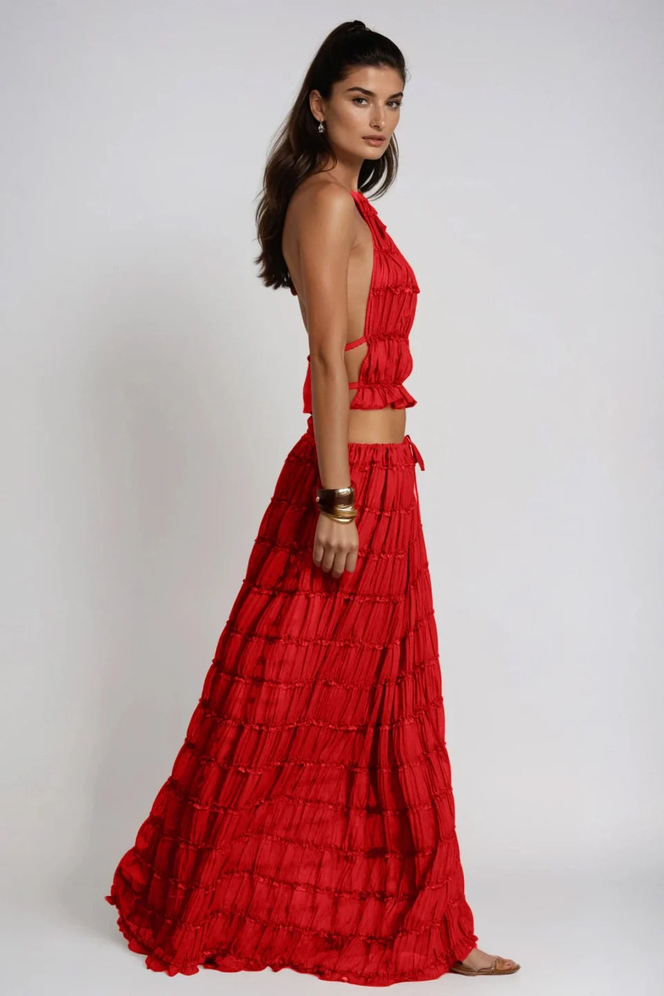 Elara Textured Halter Top Maxi Skirt Set
