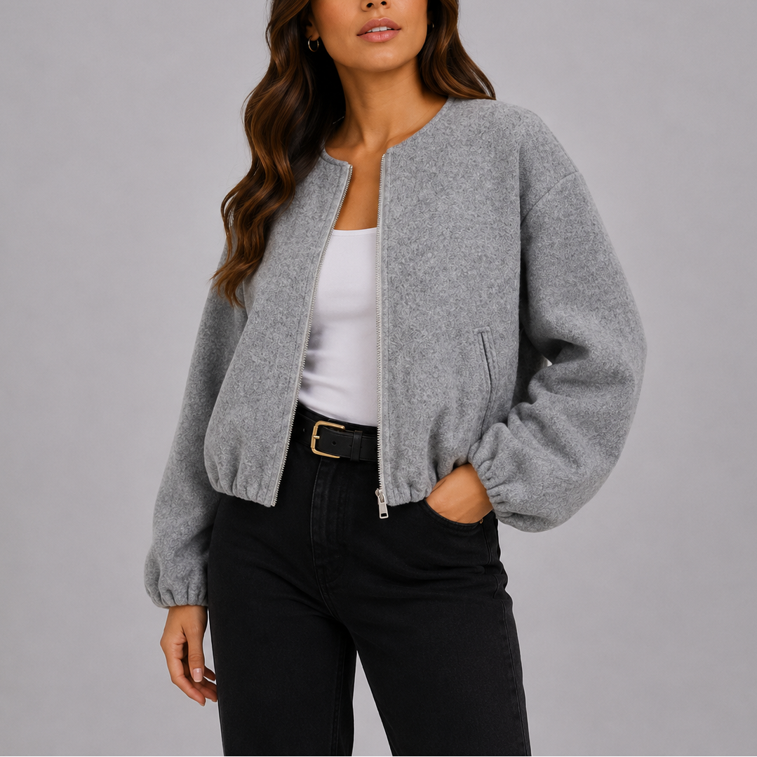 Elira Collarless Textured Bomber Jacket