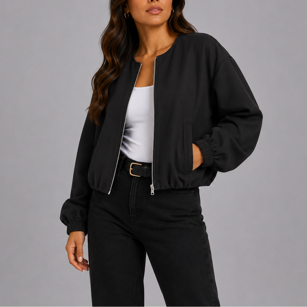 Elira Collarless Textured Bomber Jacket