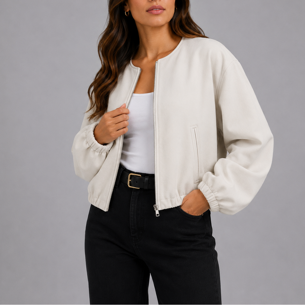 Elira Collarless Textured Bomber Jacket