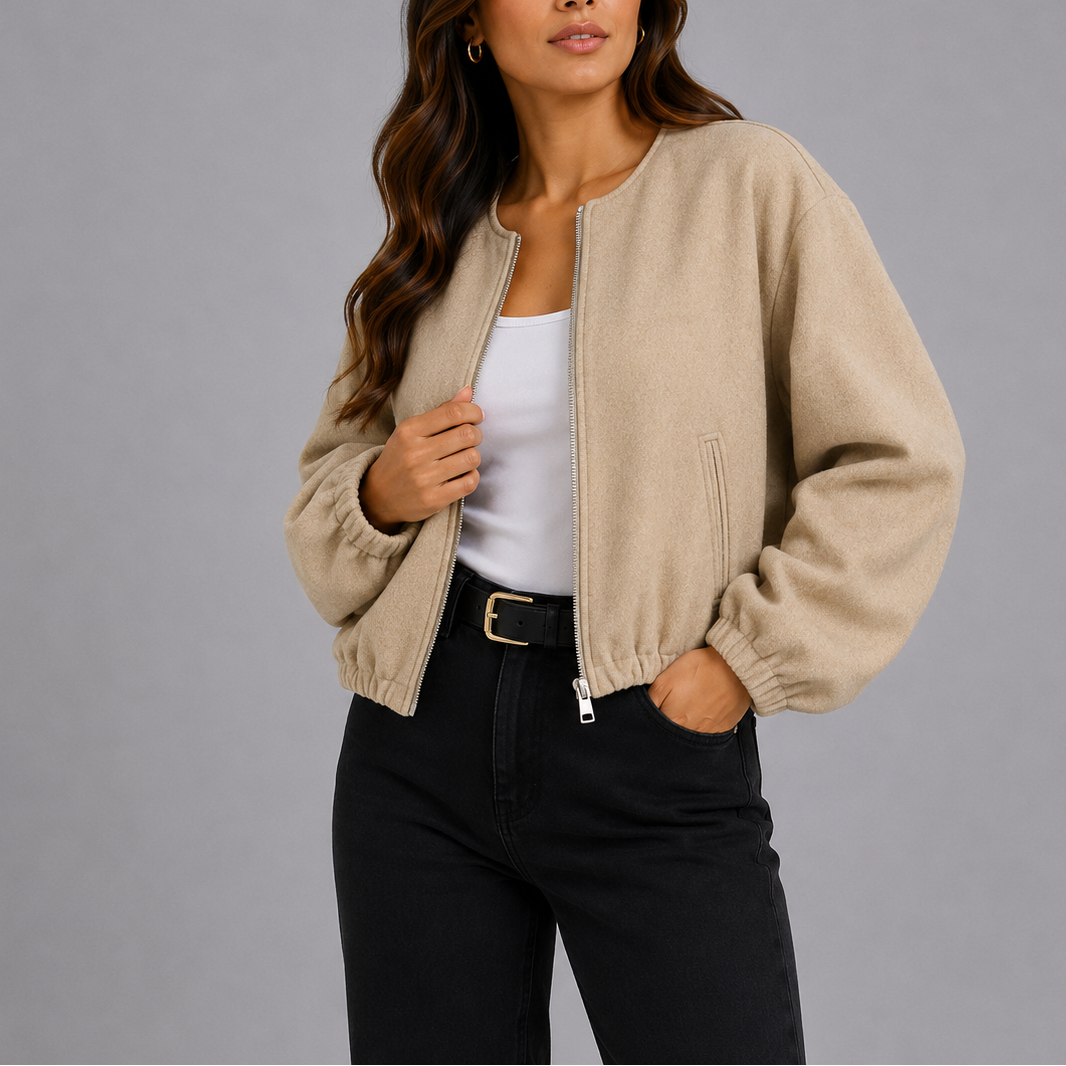 Elira Collarless Textured Bomber Jacket