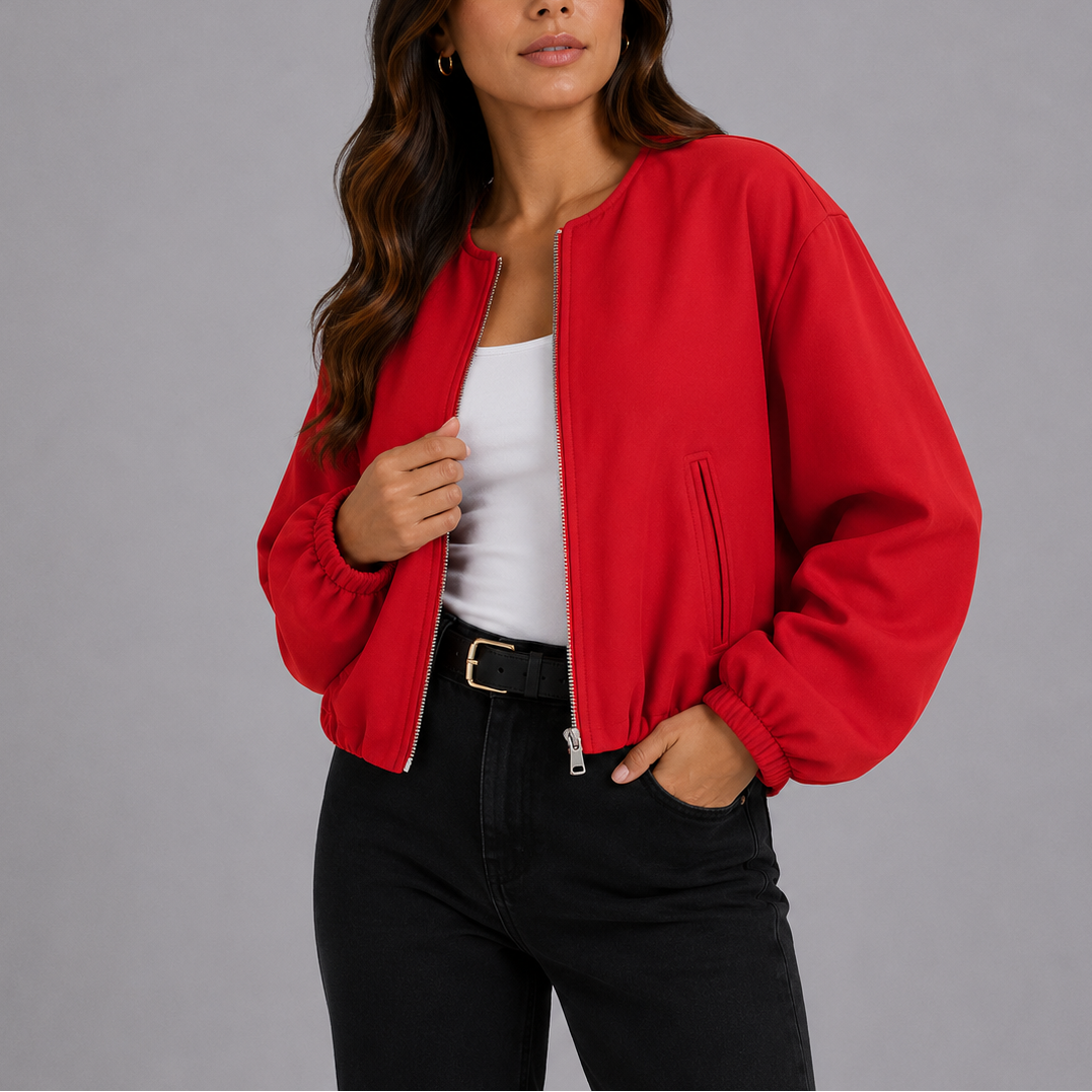 Elira Collarless Textured Bomber Jacket