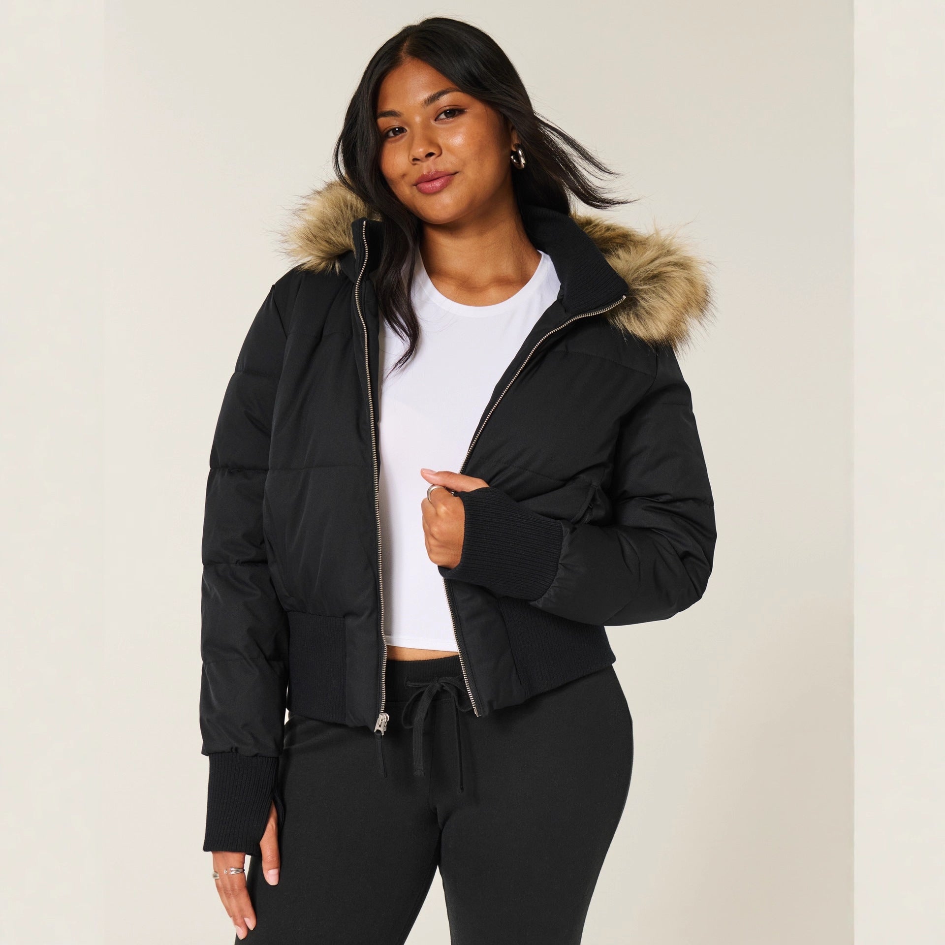 Elira Fur-Trimmed Hooded Bomber Winter Jacket