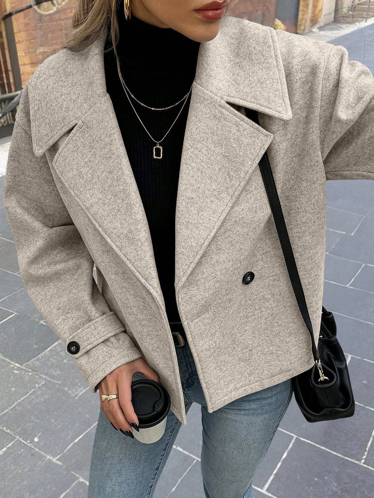 Aurelia Double-Breasted Oversized Wool-Blend Short Coat